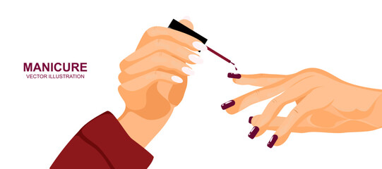 Elegant women's hands doing a manicure applying red nail polish. Beauty concept. Cosmetic products, spa salon, body care. Isolated vector illustration flat design