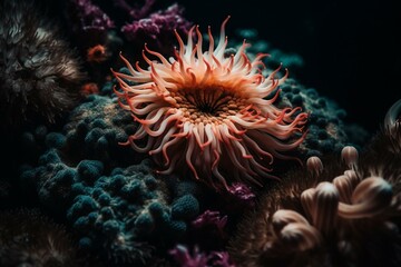 A sea anemone in close up on black background, surrounded by other anemones and corals below. Generative AI