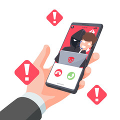 Thief disguised calls center on smartphones. Hacker fraud scam and steal private data on devices. Vector illustration flat design for cyber security awareness concept.