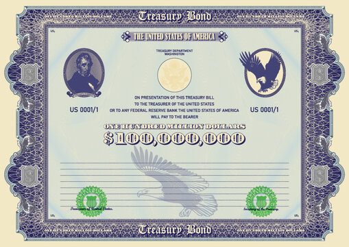 Vector blue treasury bond with a face value of one hundred million US dollars. Retro frame with guilloche pattern. Ribbon with the inscription William Harrison. Flying eagle.