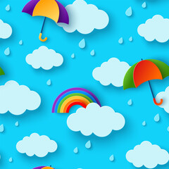 Seamless pattern beautiful fluffy clouds, colorful umbrella on blue background with rainbow. Vector illustration. Paper cut children style. Overcast sky with rain, monsoon season, weather wallpaper