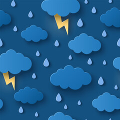 Seamless pattern overcast sky, thunder and lightning. Rainy day monsoon concept background with dark clouds. Vector illustration. Monsoon season, weather wallpaper
