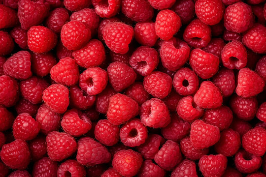 Fresh raspberries background closeup, raspberry texture, fruit summer backdrop for your design. The concept of a healthy diet, using raspberry ketones, superfood for a healthy diet. AI generated image