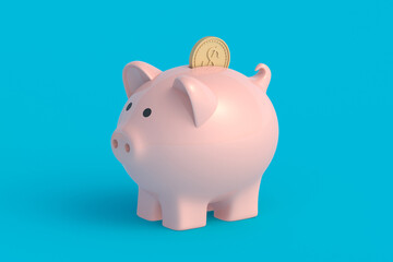 Piggy bank and coin. Financial concept. Maintaining and increasing income. 3d render