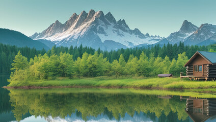 Fototapeta premium Refreshing Nature Scene with Mountains and Green Grass Generative AI