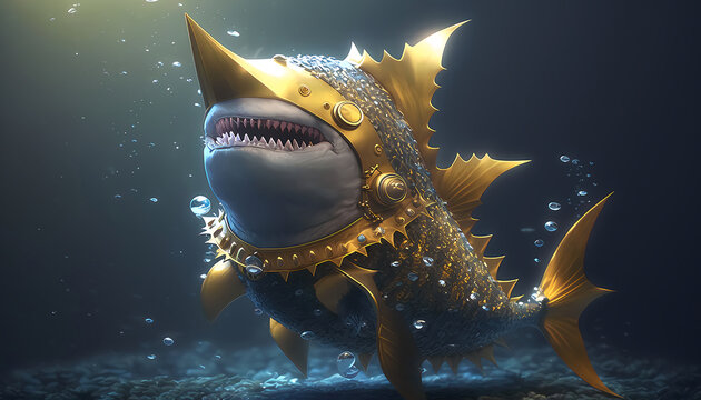 cute cartoon shark wearing golden armor generative ai