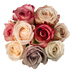 Top view of a roses bouquet in champagne and burgundy tones on transparent PNG background. Generative AI.