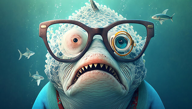 Strange cartoon shark wearing glasses generative ai
