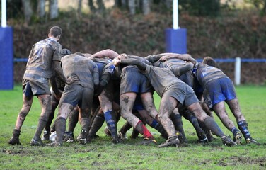 les joueurs de rugby en m&ecirc;l&eacute;e dans la boue