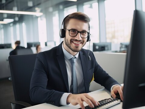 Erfolgreicher Kundenservice - Der junge Mann im modernen Büro mit Headset, Generative AI.