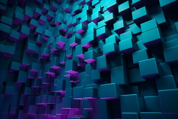 Futuristic 3D wall of purple and turquoise blocks. Generative AI
