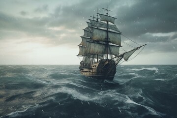 A stormy sea carries a 3D galleon ship. Generative AI - obrazy, fototapety, plakaty