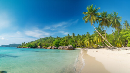 Fototapeta na wymiar Plage paradisiaque de sable fin bordée de palmiers et de rochers, eau turquoise