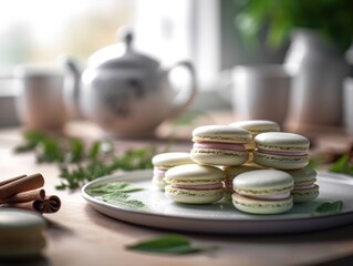 Obraz na płótnie Canvas Homemade matcha green tea macaroons. Generatative AI