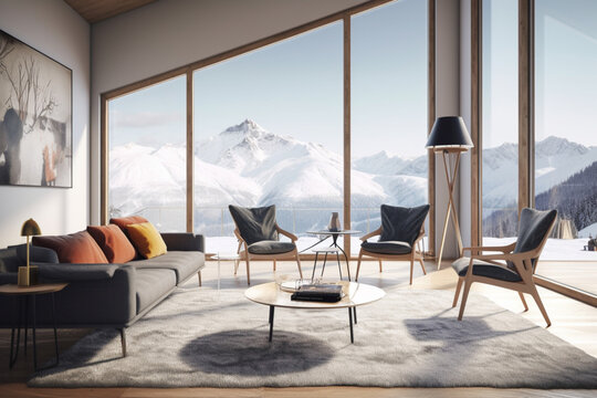 Intérieur design d'un chalet de montagne haut de gamme,  salon, table basse et fauteuils, vue sur les sommets enneigés