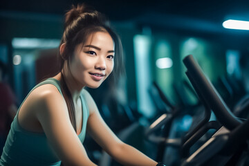 Asian woman cycling on a stationary bike in a dimly lit gym. Good fitness or wellness projects,  the intensity and determination of an indoor cycling workout. generative AI