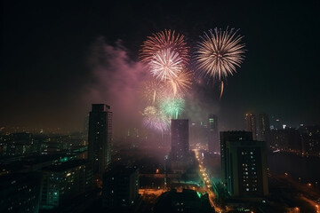 Colorful fireworks new year above a city skyline with skyscraper during nightime