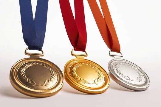 gold, silver and broze medals with ribbon