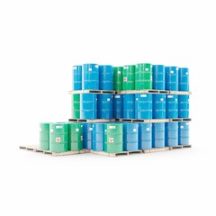 Row of blue and green barrels arranged in a vertical stack against a white background, 3D rendered