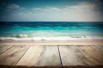 Fototapeta na wymiar Wooden board with blur beach and sea