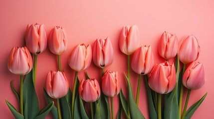 bouquet of pink tulips on light pink background