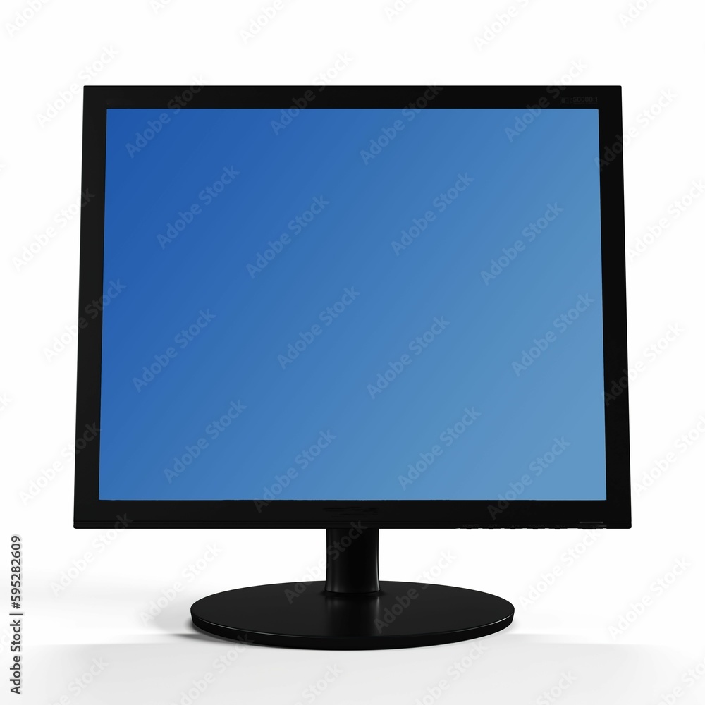 Poster 3d rendering of a computer monitor with a blank, blue screen on a white surface.