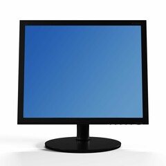 3d rendering of a computer monitor with a blank, blue screen on a white surface.