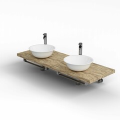 3d rendering of a wooden surface with two white sinks isolated on a white background.