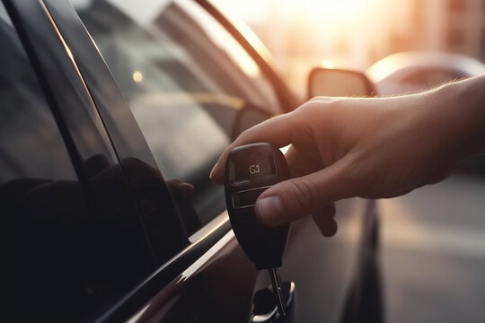 Close-up hand of customer holding a car key next to a brand new car, sunrise in the background, indoors at a car dealership