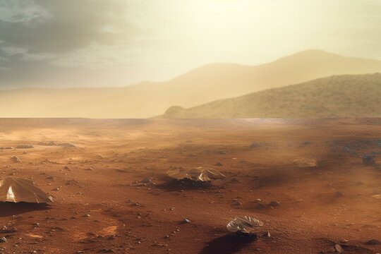 Panoramic martian landscape with solar panels during dust storm. Rendered 3D. Generative AI