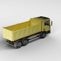 3D rendering of a bright yellow plastic toy dump truck on a white background.