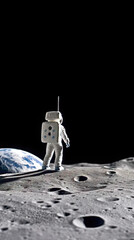 Dans le ciel, on voit un astronaute marcher sur la surface lunaire, avec une planète en arrière-plan