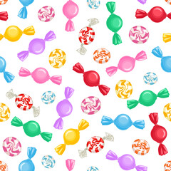 Multicolored candies seamless pattern. Background with sweets in bright colored wrappers and swirl hard candy on white. Vector cartoon illustration.
