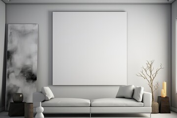 Mockup poster/art template in a modern minimalistic living room. Large white canvas created using generative AI tools