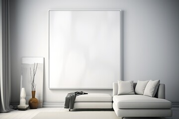 Mockup poster/art template in a modern minimalistic living room. Large white canvas created using generative AI tools