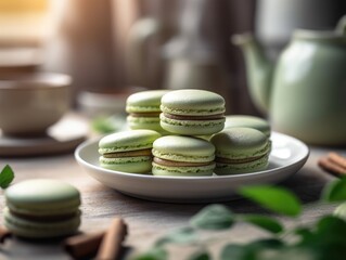 Homemade matcha green tea macaroons. Generatative AI