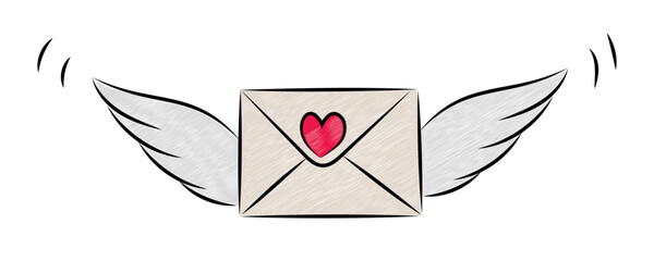 Flying love letter with wings and heart in doodle style isolated on white background. Painted vector design element