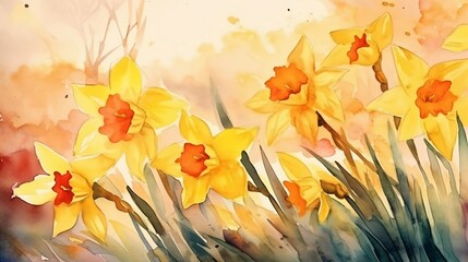Fototapeta na wymiar Beautiful minimalistic watercolor desktop background of yellow daffodils in bloom. Generative AI