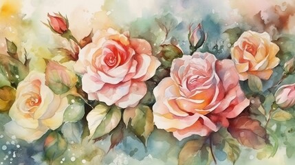 Beautiful watercolor of pink and red roses, soft pastel desktop background wallpaper. Valentine, wedding gift.  Generative AI.