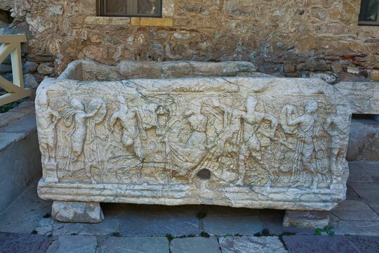 Byzantine church in medieval city of Mystras, Greece. Castle of Mistras.