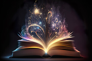 Colorful Magic Book With Open Pages And Abstract Beautiful Lights - Generative AI