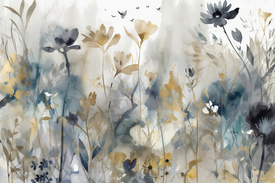 Beautiful minimalistic plant nature wallpaper background of blue, grey and gold dainty flowers and leaves. Generative AI