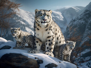 Fototapeta premium Snow leopard Irbis with babies