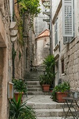 Fototapeta na wymiar Narrow streets with stone houses and green plants in beautiful mediterranean old town of Korcula