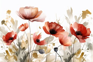 Beautiful watercolor desktop background of red Poppies , Poppy flowers in bloom. Generative AI