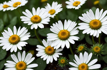 Obraz premium Daisies after the rain, with raindrops. Generative AI.