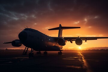 Fototapeta na wymiar The aircraft is a silhouette against the spectacular dusk sky. Generative AI