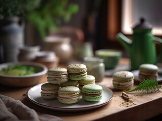 Obraz na płótnie Canvas Homemade matcha green tea macaroons. Generatative AI