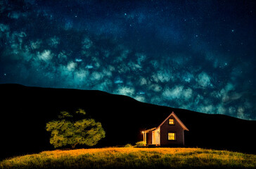 House on background of starry sky. Secluded residential building at night with stars in sky. Generative AI.
