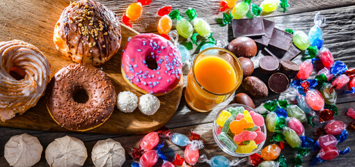 Food products rich in sugar. Junk food